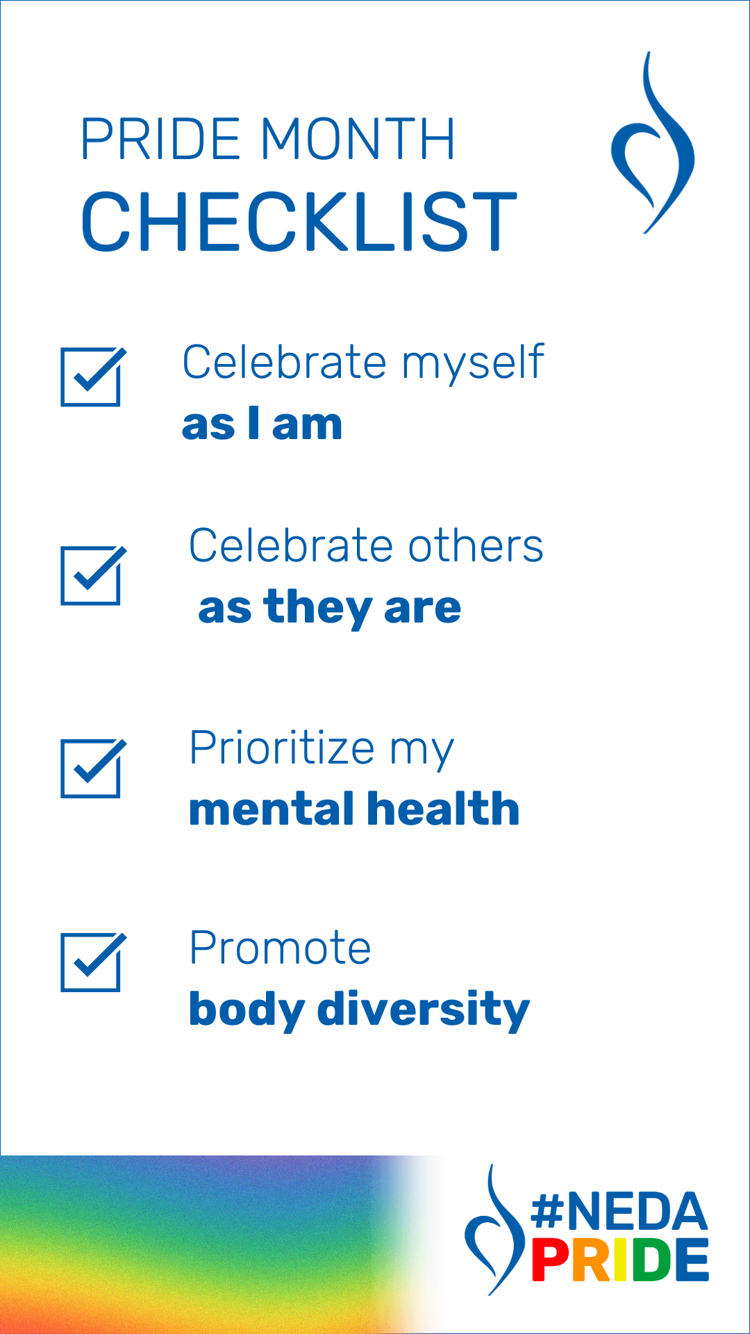 pride month checklist - celebrate myself as I am, clebrate others as they are, prioritize mental health, promote body diversity please click to download