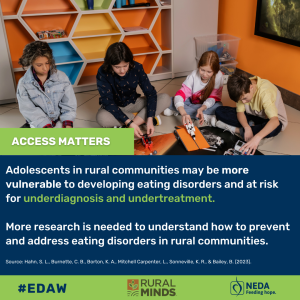 Adolescents in rural communities may be more vulnerable to developing eating disorders and at risk for underdiagnosis and undertreatment. More research is needed to understand how to prevent and address eating disorders in rural communities.