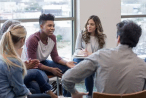 High school students talking with peers